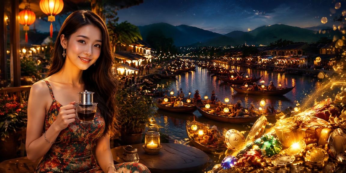 Người dùng trải nghiệm ứng dụng casino trên điện thoại tại quán cà phê Sapa với cảnh núi rừng
