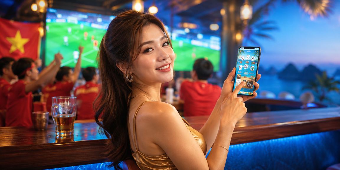 Không gian giải trí trực tuyến hiện đại với màn hình cá cược và ánh đèn neon Việt Nam
